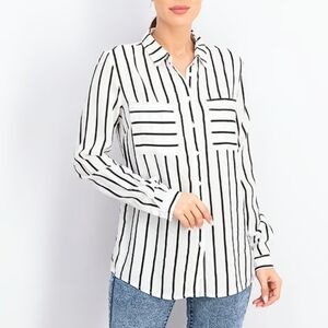 Candie's Striped Black Cream Ivory White Pinstripe Long Sleeve Button Down Top